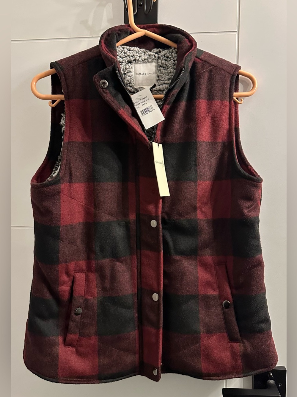 Thread and Supply Garvey Plaid Faux Shearling Lined Vest Red Black Buffalo Small